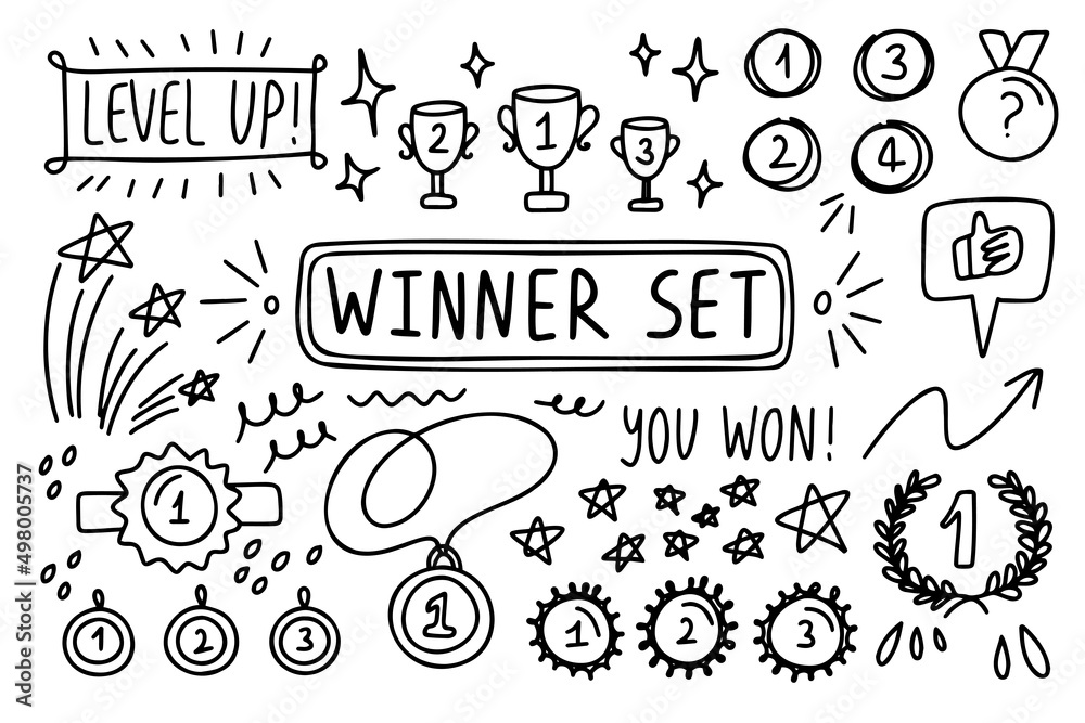 Win doodle outline set. Sport auto items doodles elements. Hand drawn set with Flag icon. Win doodle outline set. Sport auto items doodles elements. Hand drawn set with Flag icon.