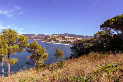 View to famous Le Ghiaie beach, a little free beach near Forte Falcone Portoferraio, Island of Elba, Italy