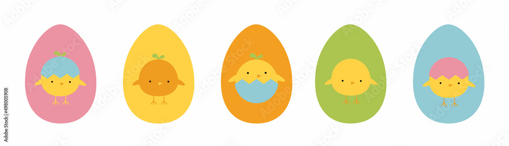Fototapeta premium Set of Easter eggs with silhouettes of chicks. Pattern in the form of Easter chicks. Happy Easter. Design elements for stickers, coloring books, greeting cards. Vector illustration in flat style