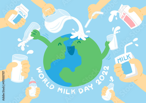 World globe among hand holding milk box, glass, pouring pitcher and baby bottle, World Milk Day 2022 concept cartoon flat design illustration isolated on blue background with copy space, vector eps 10