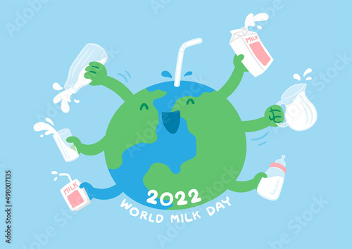 World globe with hand holding milk box, glass, pouring pitcher and baby bottle, World Milk Day 2022 concept cartoon flat design illustration isolated on blue background with copy space, vector eps 10