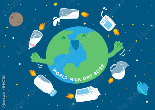 Fototapeta Naklejka Na Ścianę i Meble -  Space World globe planet among rocket milk box, glass, pouring pitcher and baby bottle, World Milk Day 2022 concept cartoon flat design illustration isolated on blue background with copy space, vector