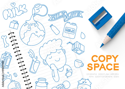 Notebook with Milk doodle kids Boy Imagine of Future hand drawing pattern editable stroke, World Milk Day 2022 concept, cartoon minimal flat design illustration top view background copy space, vector