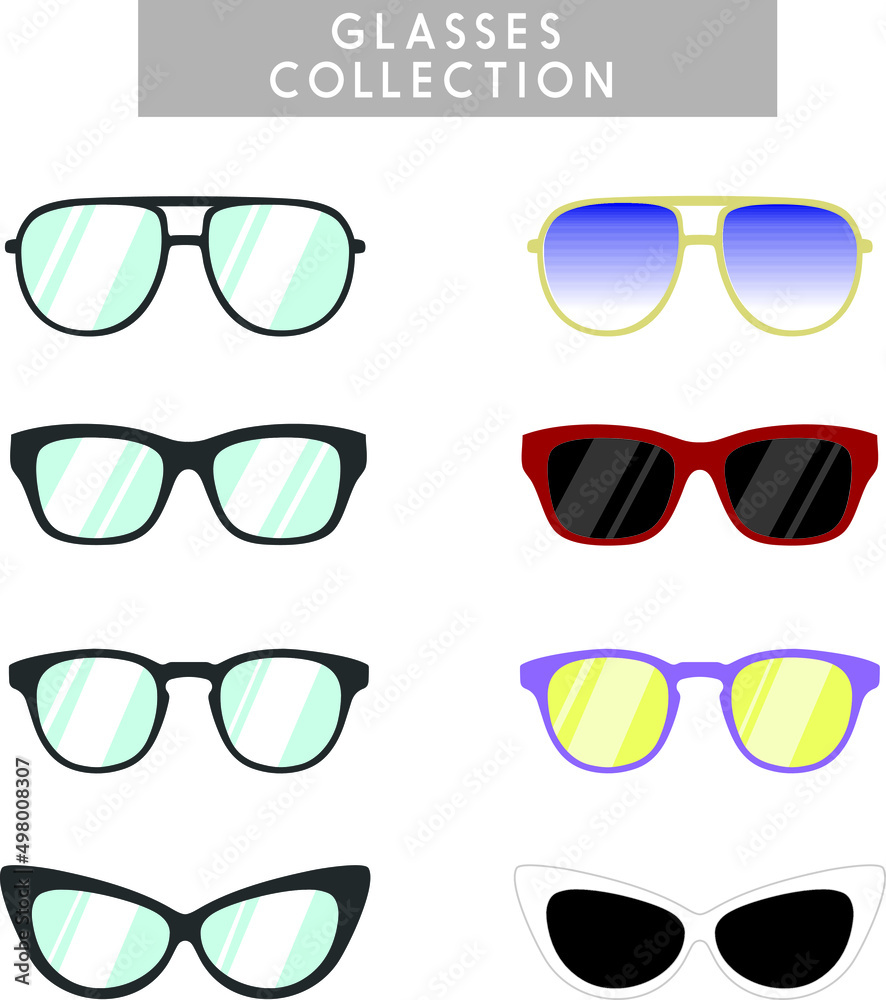 A set of glasses isolated. Vector glasses model icons. Sunglasses, glasses, isolated on white background. Silhouettes. Various shapes  stock illustration.
