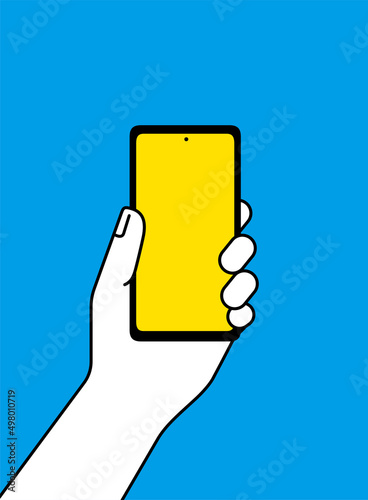 Hand holding mobile smart phone, blank screen on blue background