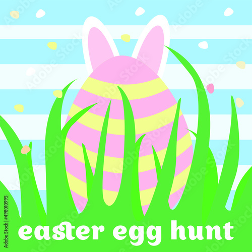 happy easter greeting card with bunny and easter egg, easter egg hunt template, vector illustration
​