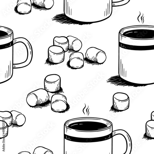 Pattern with coffee mugs and marshmallows in doodle style on a white background Vector illustration