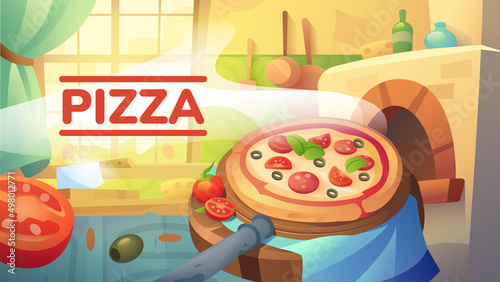 Cartoon illustration of pizza by the stove