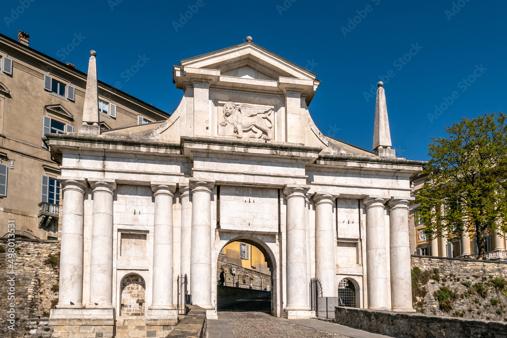 View at the Porta of Saint Giacomo in the streets of Bergamo Alta - Italy