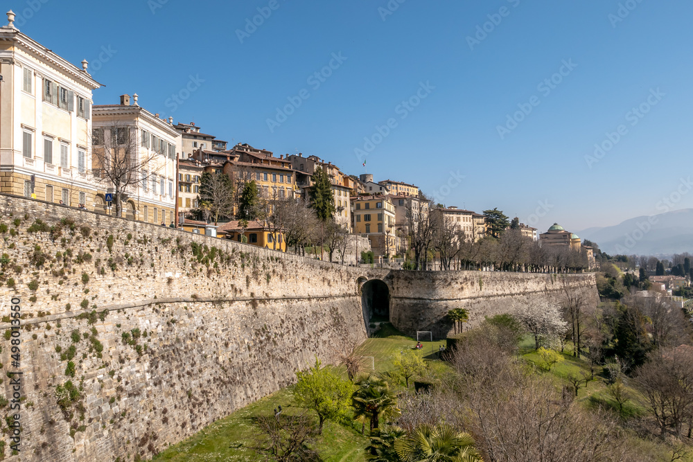 View at the Wall and buildings in Baergamo Alta - Italy