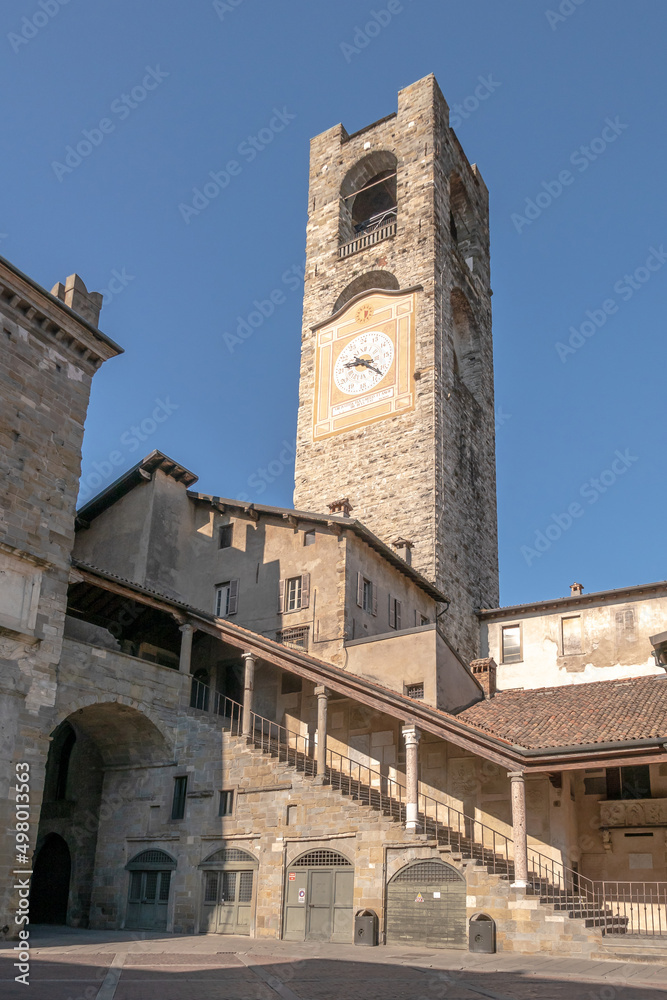 View at the Tower from 12.century at Old place in Bergamo Alta ,Italy
