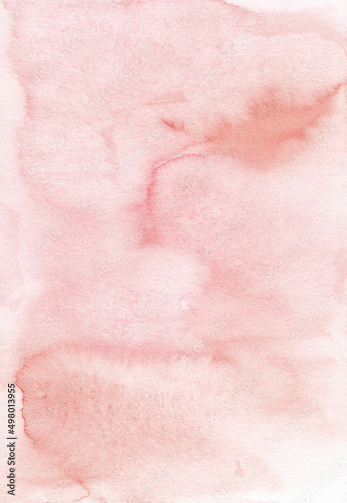 Watercolor pastel coral background texture. Watercolour backdrop. Light pink stains on paper, hand painted.