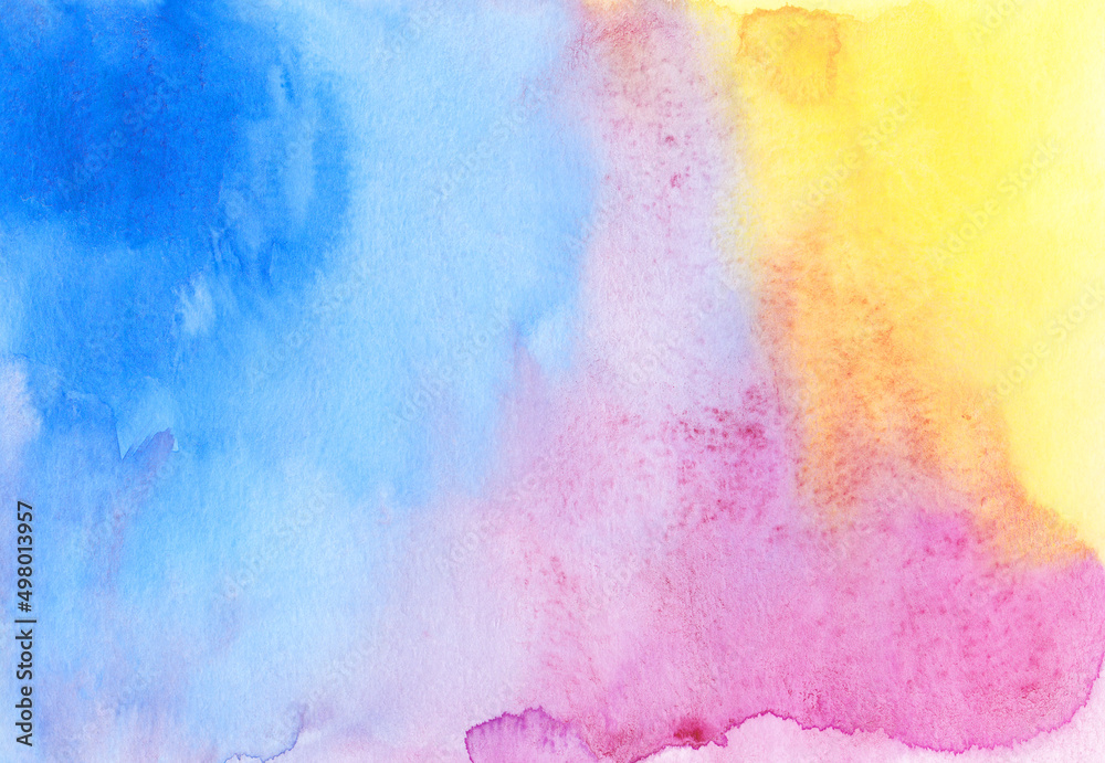 Watercolor pastel colorful background texture. Watercolour blue, pink, yellow backdrop. Stains on paper, hand painted.