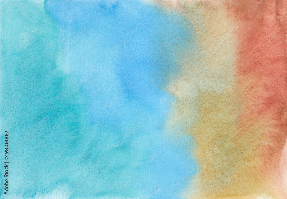 Watercolor colorful ombre background texture. Blue, brown, orange gradient backdrop. Watercolour stains on paper, hand painted.