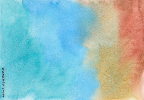 Watercolor colorful ombre background texture. Blue, brown, orange gradient backdrop. Watercolour stains on paper, hand painted.