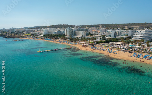 Beaches and hotels of the first line of the Mediterranean Sea in Protaras, Cyprus, aerial view