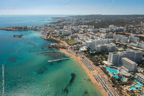 Beaches and hotels of the first line of the Mediterranean Sea in Protaras, Cyprus, aerial view