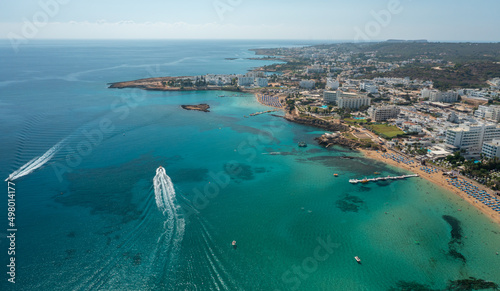 Water sports on the Mediterranean Sea in Protaras, Cyprus, aerial view
