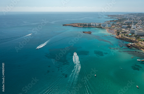 Water sports on the Mediterranean Sea in Protaras, Cyprus, aerial view