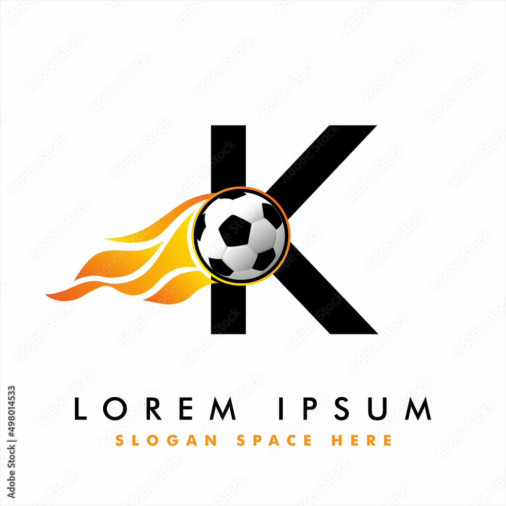 Obraz premium Soccer Football Logo On Letter K Sign. English Alphabet set with Football graphics vector, Soccer Ball on Letter Logo Design. football ball logo design