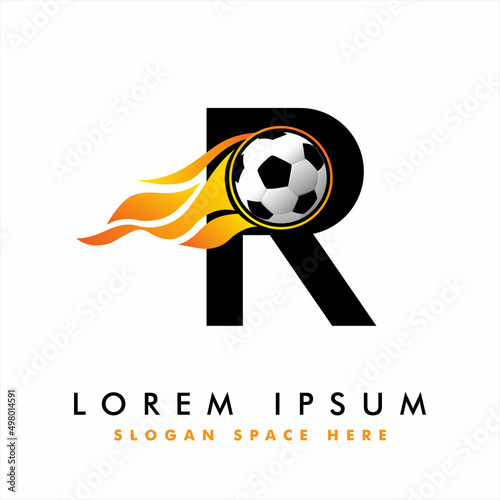 Soccer Football Logo On Letter R Sign. English Alphabet set with Football graphics vector, Soccer Ball on Letter Logo Design. football ball logo design