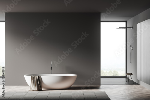 Billede på lærred Grey bathroom interior with bathtub and douche. Mockup empty wall