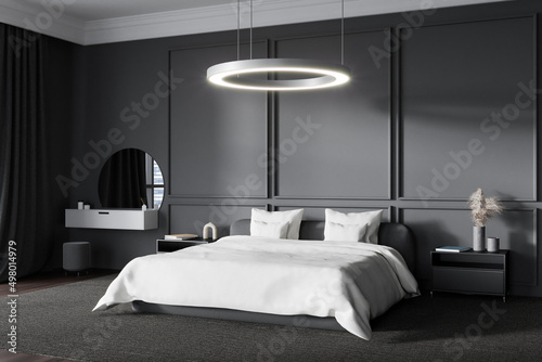 Canvas Grey bedroom interior with bed, dressing table and mirror with nightstand