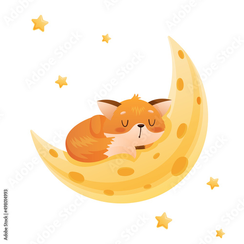 Baby fox sleeps on the moon in the form of cheese around the star. Drawn in cartoon style. Vector illustration for designs, prints and patterns. Isolated on white background