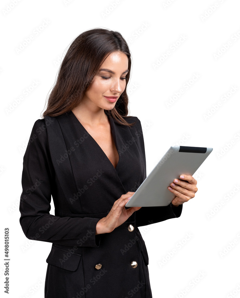 Businesswoman with tablet in hands, smiling isolated over white Businesswoman with tablet in hands, smiling isolated over white