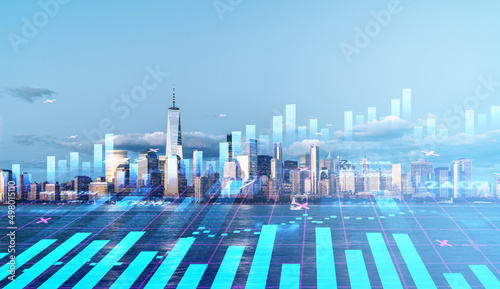 Fotografie New York city skyscrapers downtown and financial digital interface
