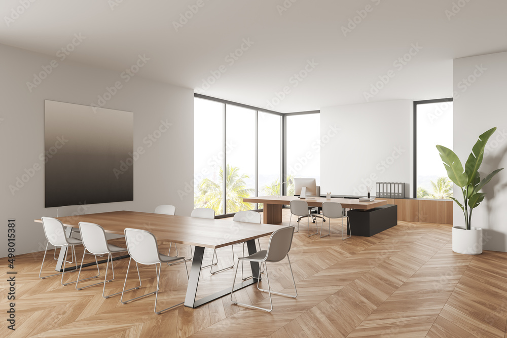 Fototapeta premium Corner view on office room interior with panoramic windows