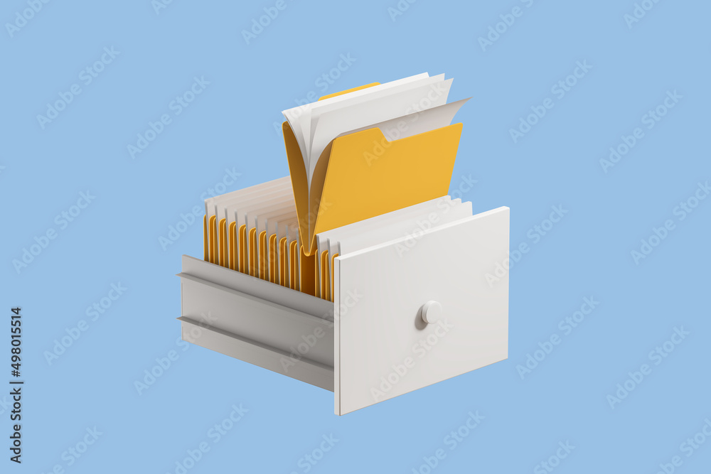 Stack of files in white shelf on light background