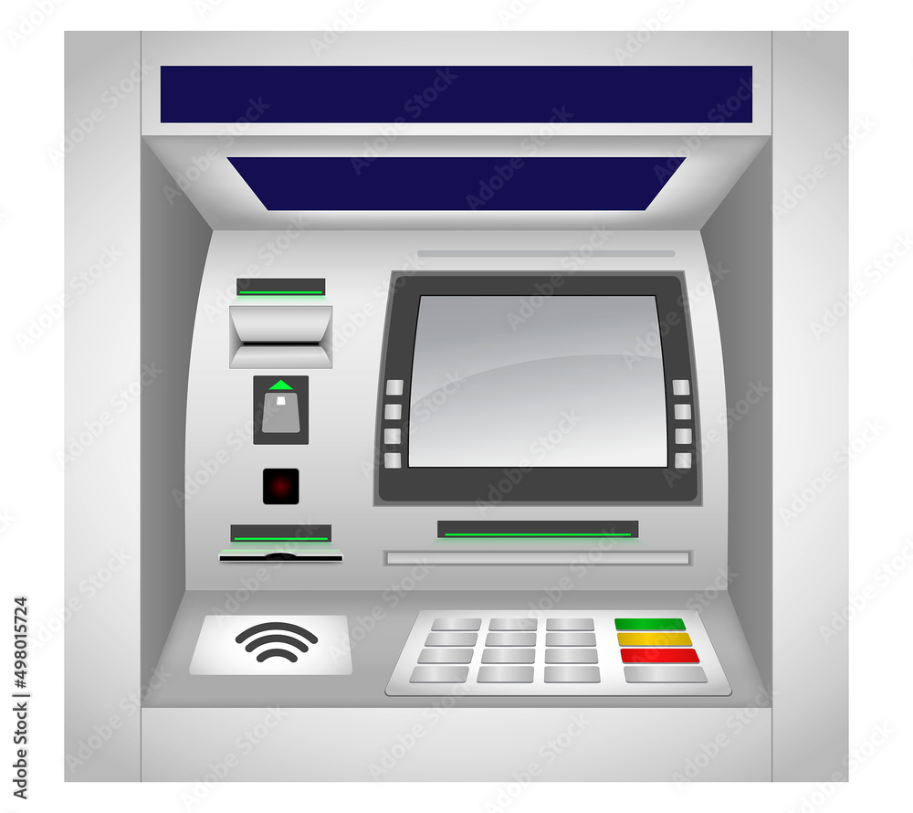 set of realistic atm machine isolated or atm bank cash machine with interface, keypad, slot for card and currency or cash machine for bank customer. eps vector set of realistic atm machine isolated or atm bank cash machine with interface, keypad, slot for card and currency or cash machine for bank customer. eps vector