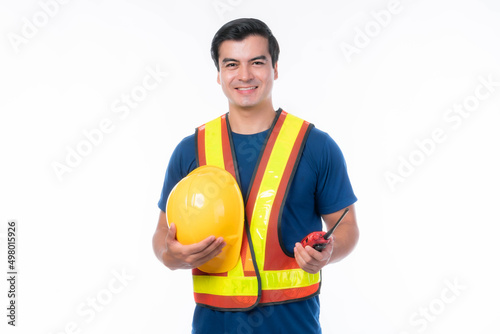 Portrait young architect man engineering holding yellow helmet and megaphone in hand , He standing arms crossed isolated on white background with copy space