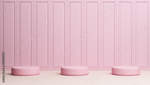 stand podium classic luxury cornices colonial style decorating wainscot wall panel partition pink light pastel form lining interior display. platform fashion cosmetic beauty products. 3D Illustration. photo