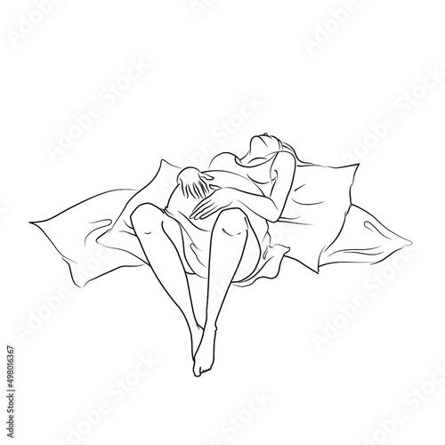 A pregnant woman tenderly hugs her big belly. Motherhood care love concept. Character line art vector illustration