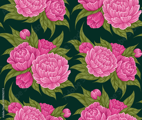 Vector seamless pattern with cartoon lush peony flowers with foliage on dark green background for wrapping paper. Fabric swatch with floral bush.