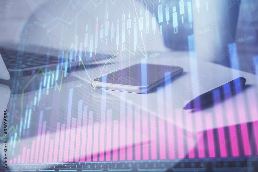 Double exposure of forex graph drawing and cell phone background. Concept of financial data analysis Double exposure of forex graph drawing and cell phone background. Concept of financial data analysis