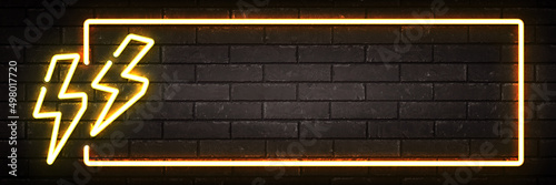 Vector realistic isolated neon sign of Lightning Bolt frame logo on the wall background.