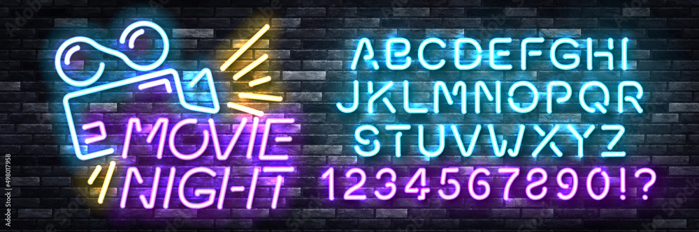 Vector realistic isolated neon sign of Movie Night with easy to change alphabet font on the wall background.