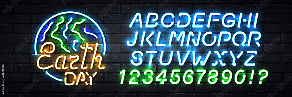 Vector realistic isolated neon sign of Earth Day with easy to change alphabet font on the wall background. Vector realistic isolated neon sign of Earth Day with easy to change alphabet font on the wall background.