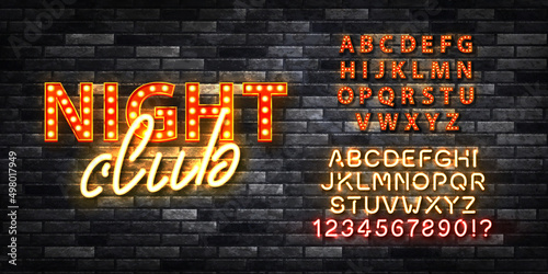 Vector realistic isolated marquee neon sign of Night Club with easy to change alphabet font on the wall background.