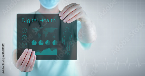 Digital Health. Doctor holding virtual letter with text and an interface. Medicine in the future