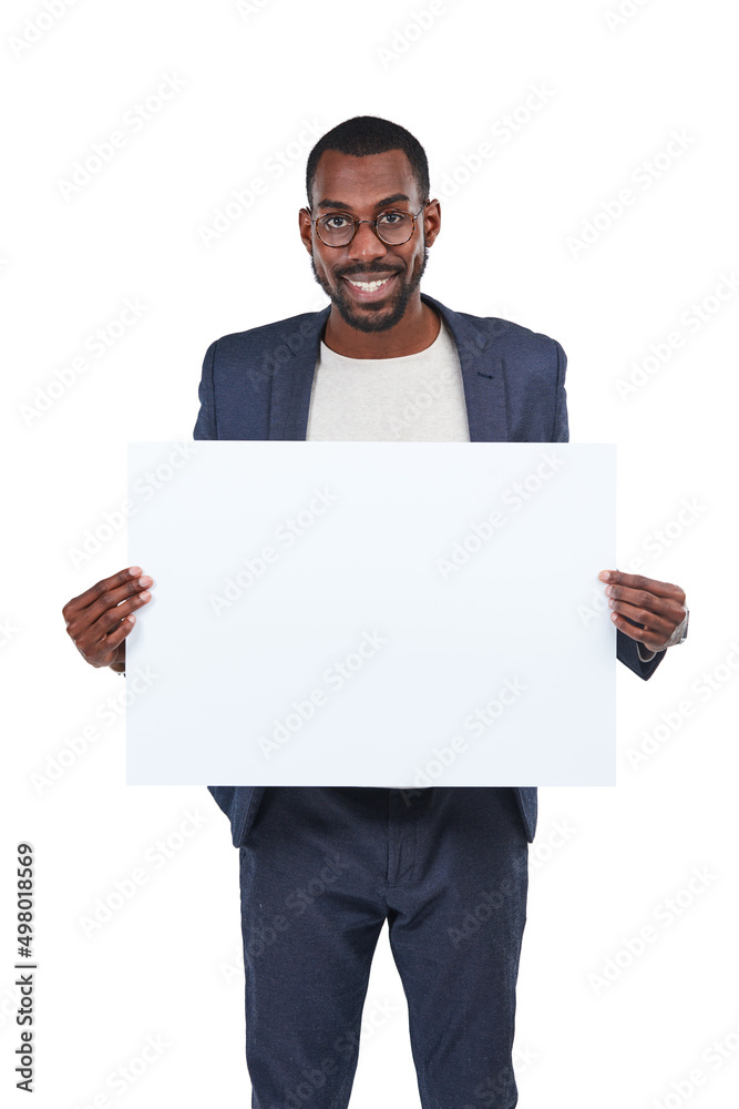 Professional branding for business. Studio shot of a young businessman holding up a blank placard against a white background. Professional branding for business. Studio shot of a young businessman holding up a blank placard against a white background.
