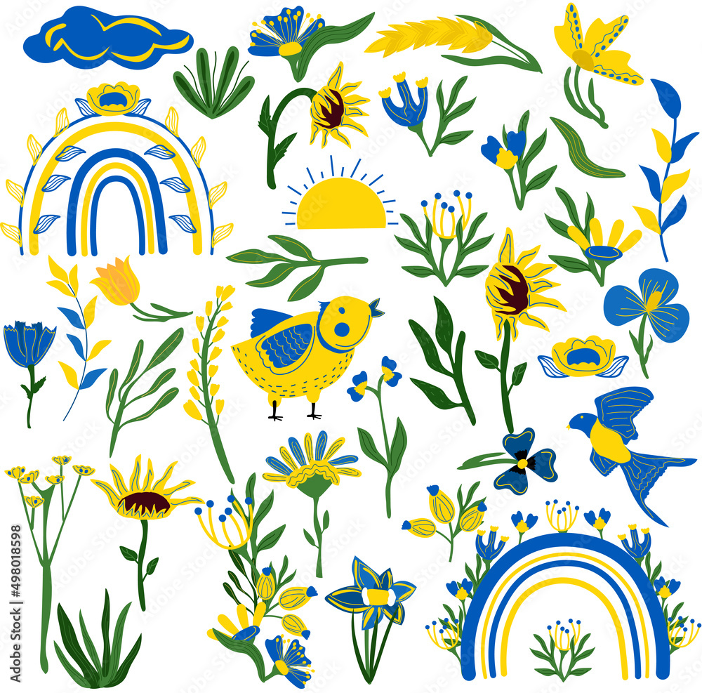 Fototapeta premium Big set elements in yellow and blue colors, leaves, flowers, sunflower, wheat, rainbows, bird. Sunny days. Heart and love in Ukraine. Boho style. Vector illustration