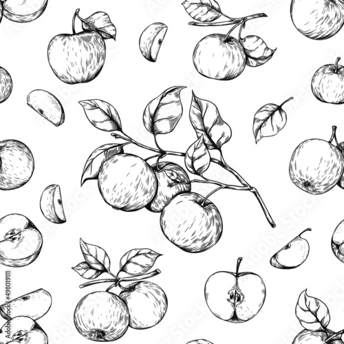 Apple engraving pattern. Seamless hand drawn print with organic garden fruits. Orchard crop. Juicy pieces. Plant branches with leaves. Food harvest. Sketch background. Vector texture