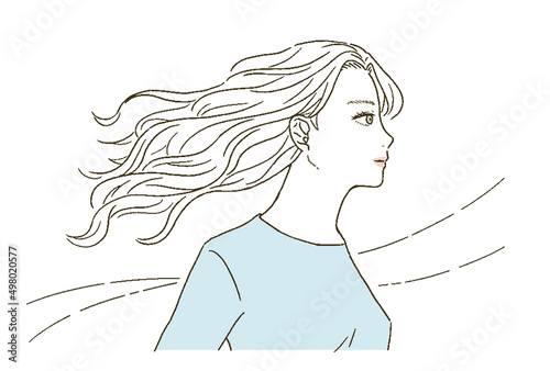 ビューティー 横顔で髪の長い女性のイラストレーション