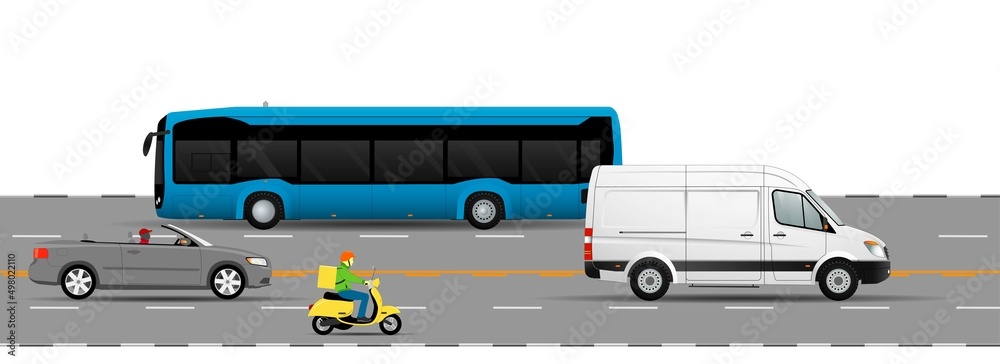Road traffic on the highway. Set of different vehicles on the road. Bus, cargo minibus, convertible, motorcycle.