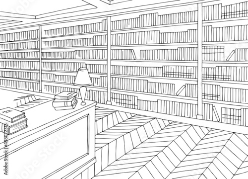 Library interior graphic black white sketch illustration vector 