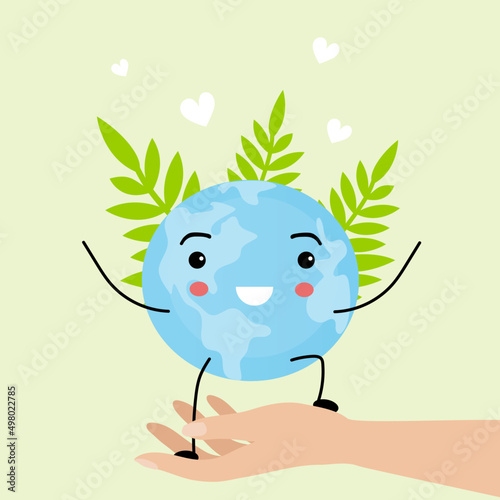 Cute happy smiling earth planet illustration on hand. Vector flat cartoon character icon. Isolated on white background. Plants, ecology, garbage sorting, earth saving concept